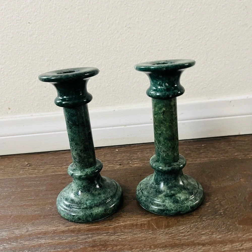 Green Marble Candlestick Pair - Elegant Home Accent 6.5 Inch tall